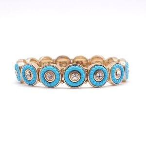 Gold Tone Blue Enamel Bracelet Clear Crystal Stretch